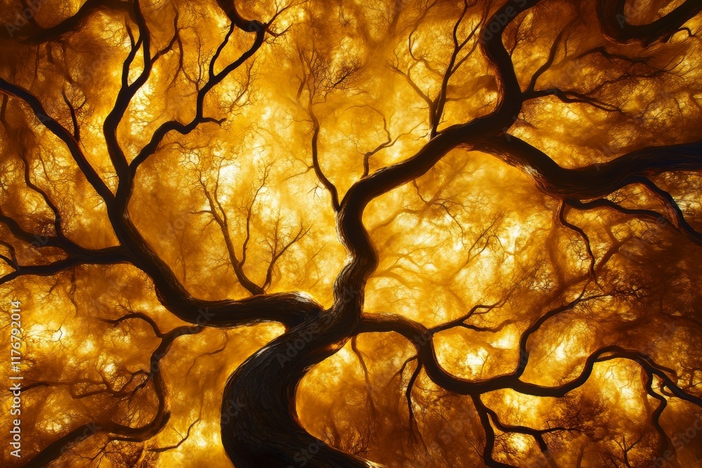 Poster An awe-inspiring view from beneath a golden tree canopy, illuminated by soft light rays that radiate warmth and positivity, evoking feelings of peace and wonder.
