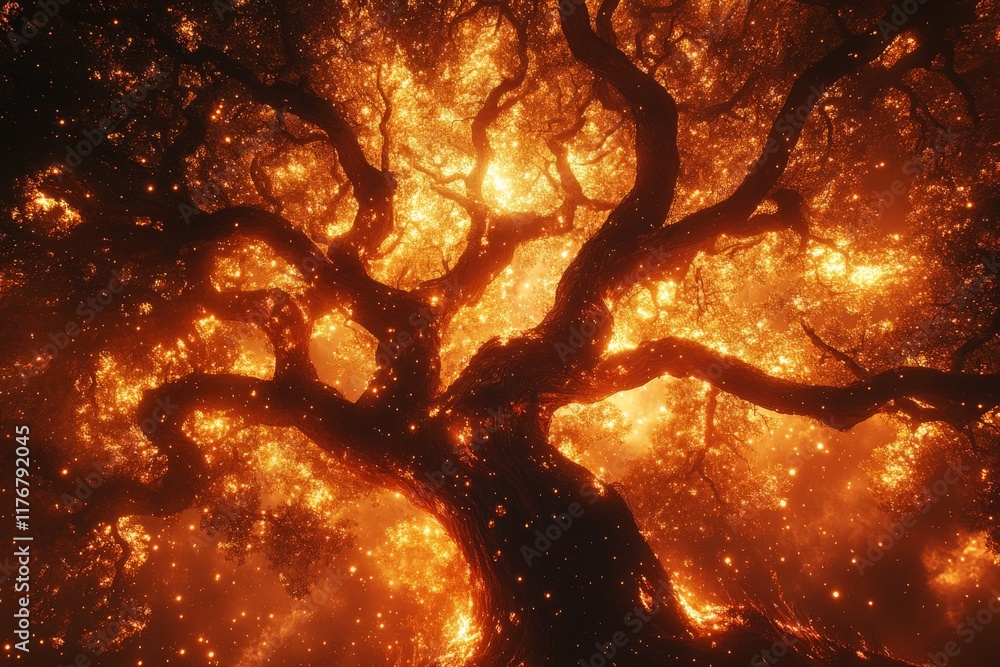 Poster a magnificent tree lit with sparkling, glowing fragments that emanate light, creating a spectacular 