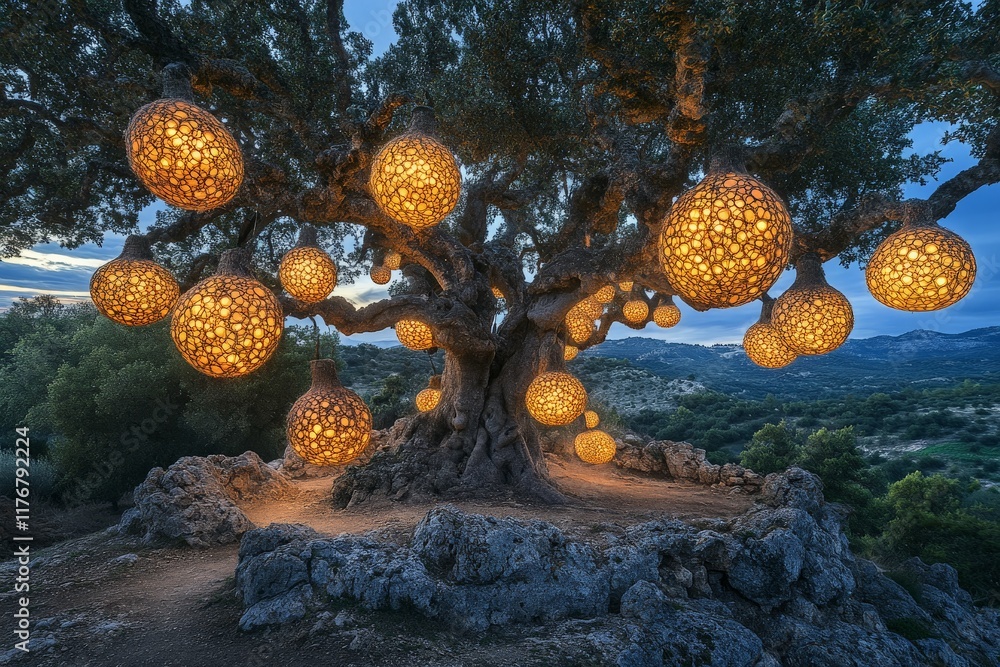 Aufkleber a majestic tree adorned with glowing orbs that emit enchanting light, creating a magical atmosphere 
