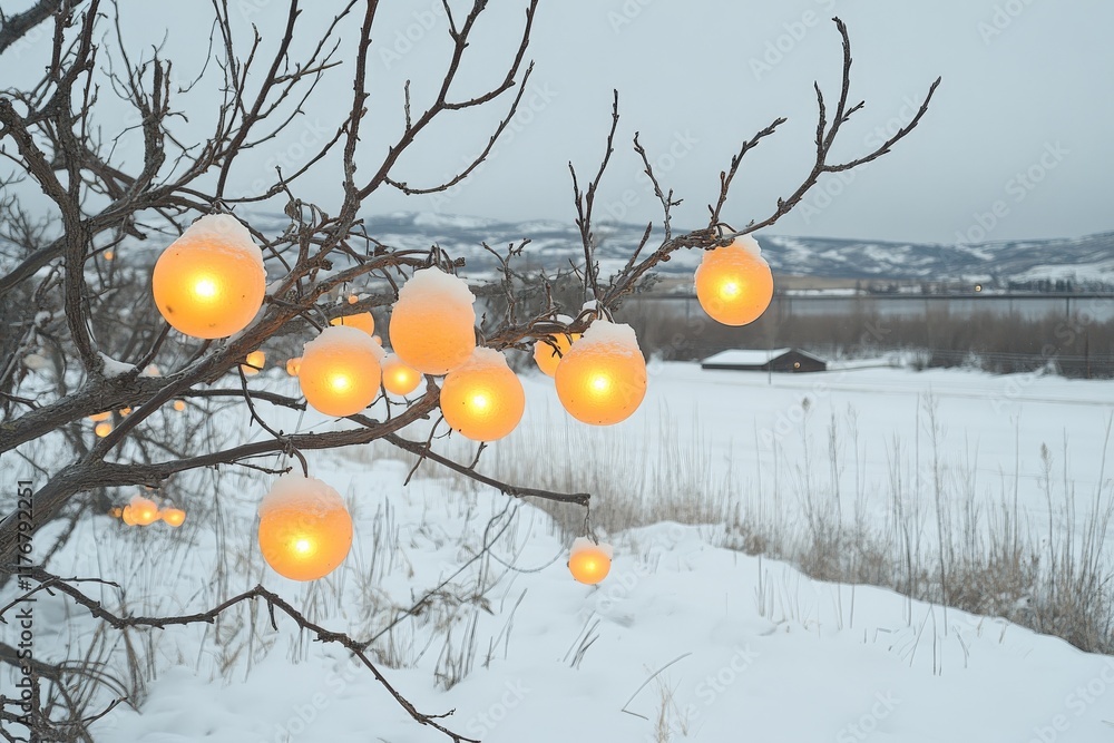 Poster a winter scene featuring a tree delicately adorned with glowing orbs, creating a serene atmosphere, 