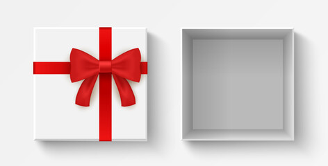 Gift open box top view. Celebration prize square box with red bow. Vector realistic birthday decoration