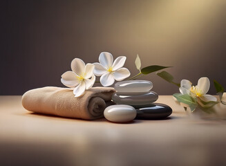 Serene spa scene: smooth stones, beige towel, and delicate white blossoms create a tranquil ambiance.  Warm lighting enhances the peaceful atmosphere.