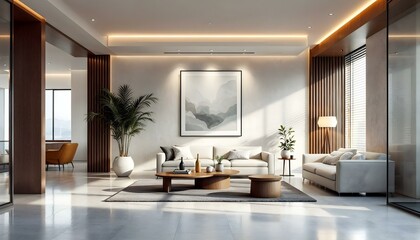 A modern and contemporary office lobby with a waiting room provides perfect setting for showcasing of office with minimilistic elegent colours, generated with ai