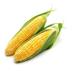 Isolated Yellow Corn Cobs with Green Leaves on White Background - Organic Vegetables