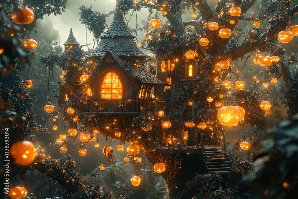 Poster A beautifully designed treehouse with intricate structures and twinkling lights, nestled among lush trees, evoking feelings of enchantment and serene solitude in nature.