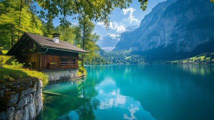 Fototapeta premium A scenic landscape with a wooden cabin nestled by a serene turquoise lake