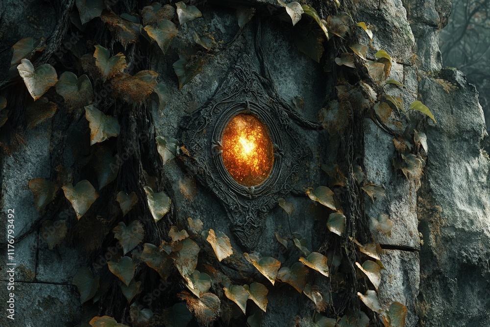 Poster A mystical ancient mirror adorned with vines, reflecting a glowing orb, symbolizing the intersection of nature and magic in a serene, enchanted environment.