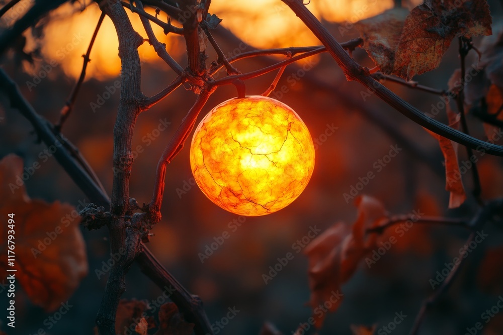Poster a glowing orb nestled within autumn vines, illuminated by the sunset, creating a magical atmosphere 