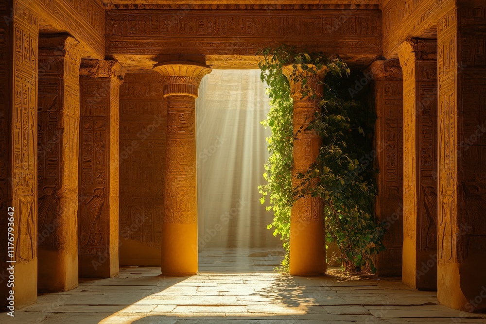 Poster an enchanting interior space filled with warm sunlight filtering through an archway, illuminating ca