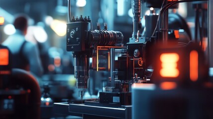 Close-up of industrial robotic arm performing precise task in factory.