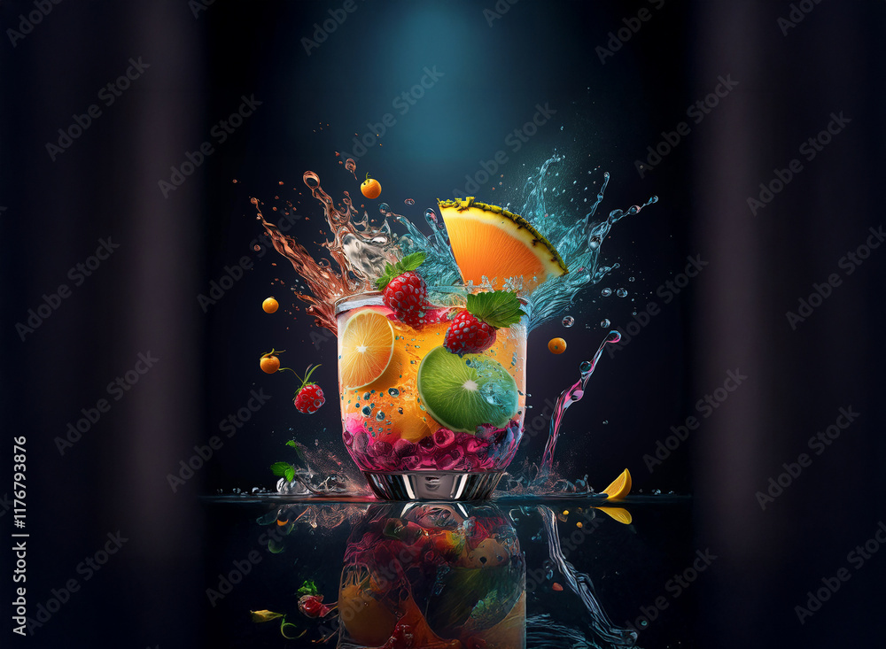 Poster vibrant fruit cocktail explodes in a splash of color, creating a dynamic and refreshing scene. the d
