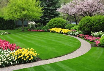 A lush green lawn with colorful flowers blooming in a garden