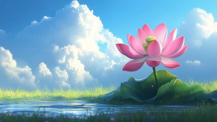 Beautiful pink lotus flower blooms near a tranquil water body