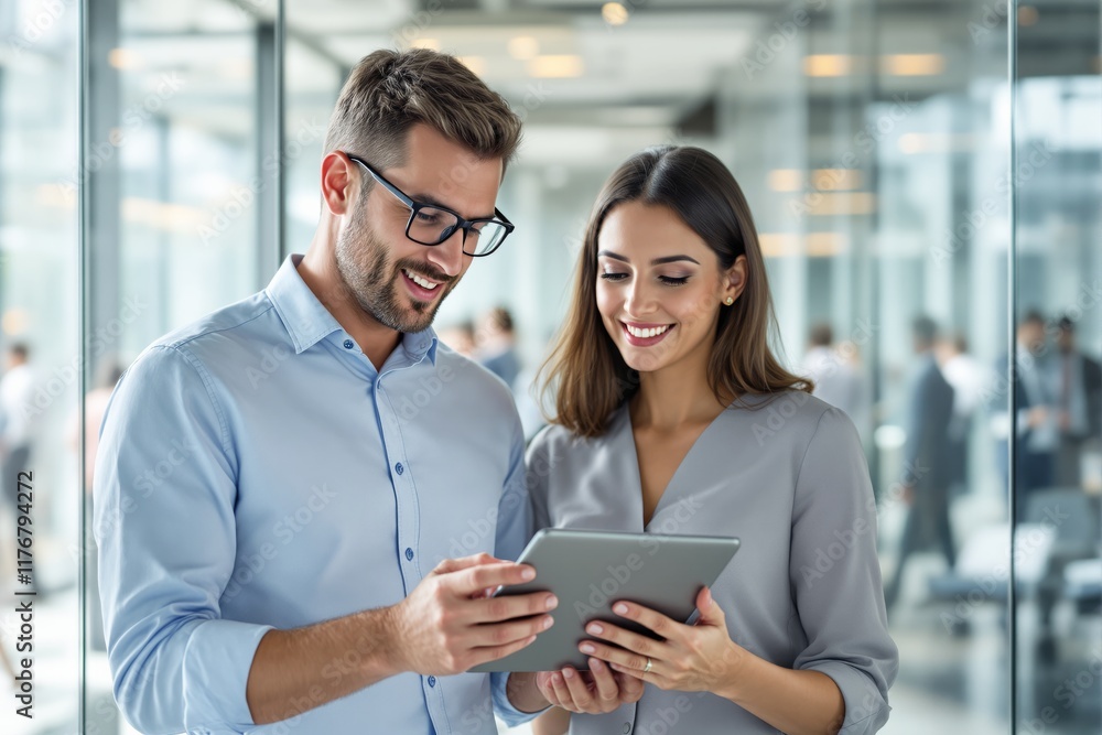 Poster two professionals interacting and smiling while using a tablet in a bright office setting, symbolizi