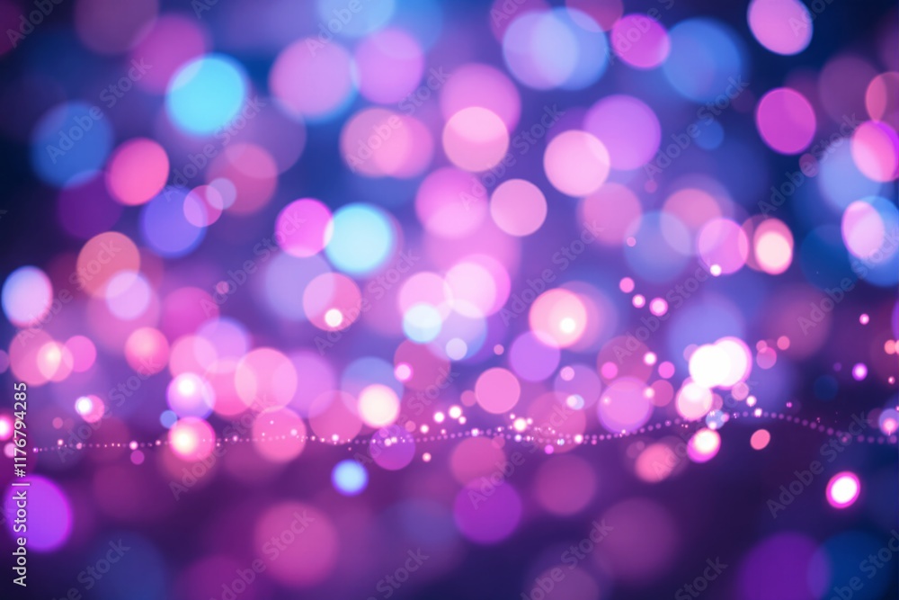 Poster abstract glowing purple and pink bokeh lights in circular patterns on a dark gradient background. co