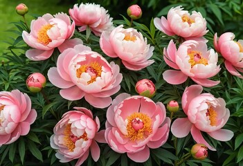 Fototapeta premium A close-up of a Coral Charm peony flower in a garden