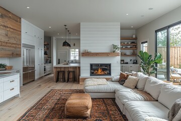 Fototapeta premium Open-concept living room and kitchen in a modern farmhouse style with white shiplap fireplace, neutral palette, and boho accents in a California beach home.