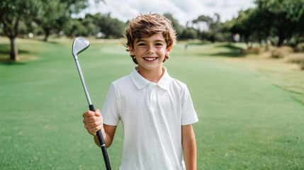 Happy Boy at Golf Training Lesson on Golf Course