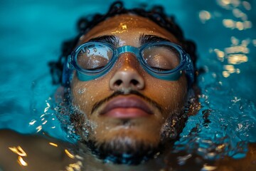 Fototapeta premium A serene young man floats underwater, eyes closed and goggles on, embodying relaxation and peace in the shimmering blue water, capturing a moment of calmness.