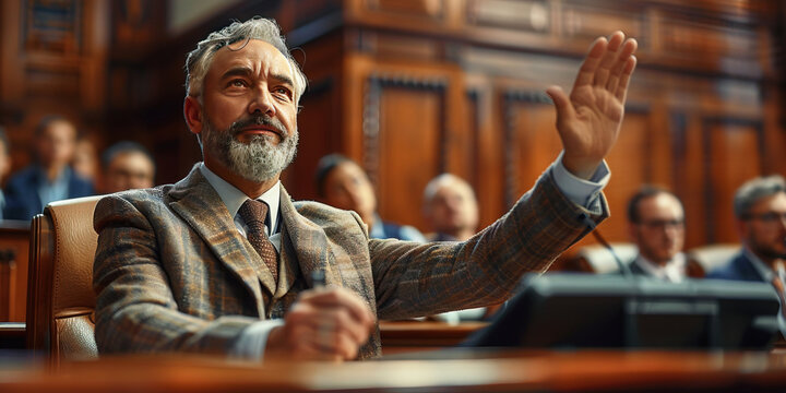 Male court witness swearing oath with hand raised in courtroom with jury and audience in vintage courtroom interior.