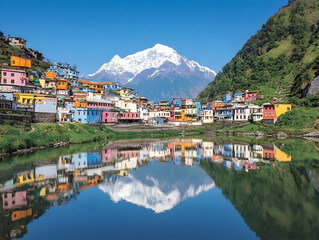 Fototapeta premium Colorful Village Reflection in Lake, Mountain Background