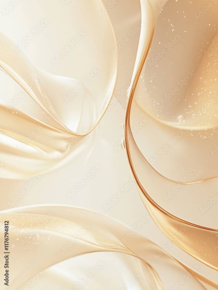 Poster organic shapes create ethereal visual experience with glowing water droplets in soft hues of light. 