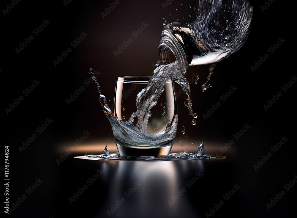 Poster dynamic image of water pouring from a bottle into a glass, creating a splash and showing motion. the