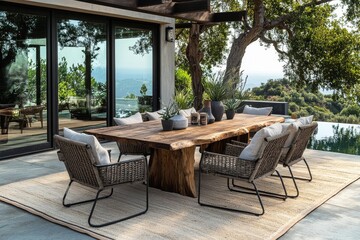 Fototapeta premium Outdoor oak wood dining set with six chairs and two armchairs, live-edge wooden table on beige rug, perfect for long drinks and cappuccinos.