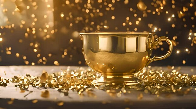 A shiny champion gold cup on a rustic wooden table, surrounded by sparkling gold confetti