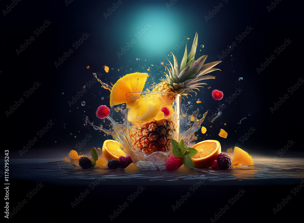 Poster a vibrant pineapple and assorted berries explode into a refreshing splash, creating a dynamic compos