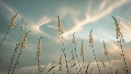 Graceful tall flowers swaying gently beneath a dramatic cloudy sky on a tranquil day