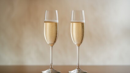 Two glasses of champagne on a table with a blurry background