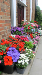 Naklejka premium Vibrant Flower Pot Display, House Entrance