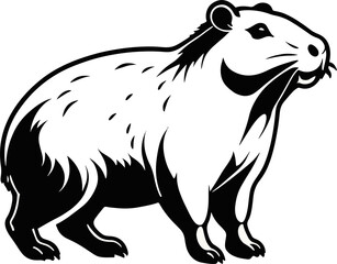 Black and white illustration of a capybara standing in a natural pose 