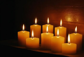 A close-up of lit candles in a dark room