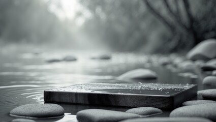 A wet wooden cutting board sits on rocks by a river