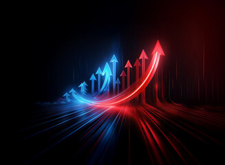 Glowing red and blue arrows ascend, forming a dynamic upward curve against a dark background, symbolizing growth and progress.  Light streaks emanate from below, adding to the sense of motion and spee