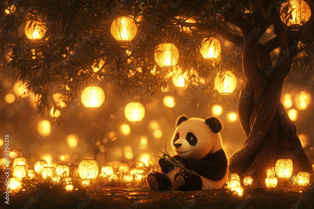Poster a charming panda sits under a tree adorned with glowing lanterns, savoring bamboo, evoking a sense o