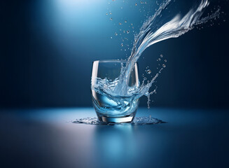 A glass overflows with splashing, clear water against a dark blue background.  The liquid is dynamic, showing movement and droplets.