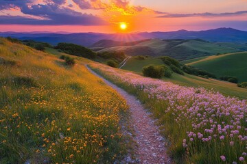 Obraz premium A breathtaking sunset illuminates lush green hills adorned with vibrant flowers, creating a serene and picturesque landscape perfect for nature enthusiasts and photographers.