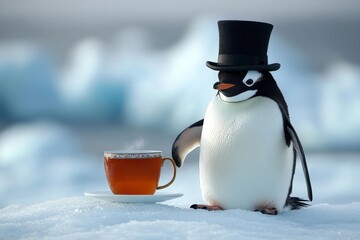 Fototapeta premium A sophisticated penguin wearing a top hat stands beside a steaming teacup, presenting a whimsical take on elegance and charm in the icy wilderness.