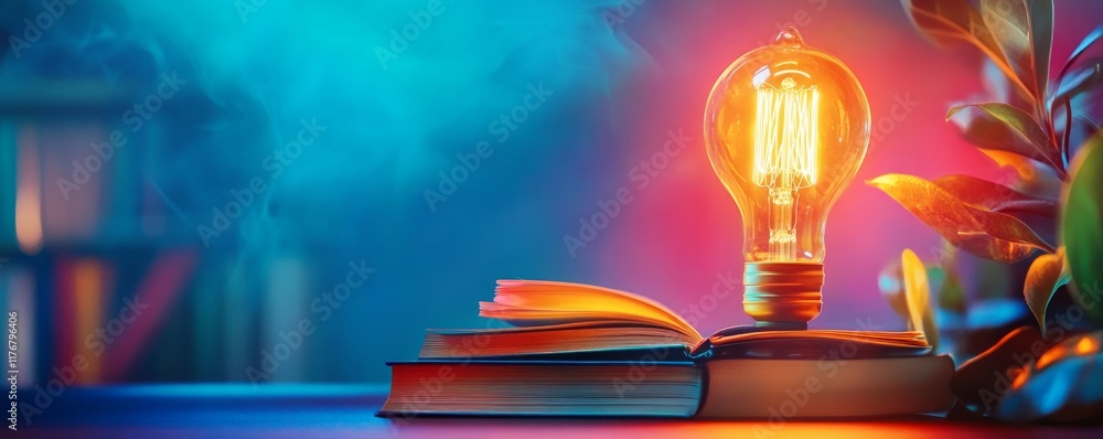 Poster illuminated light bulb on an open book with colorful background.