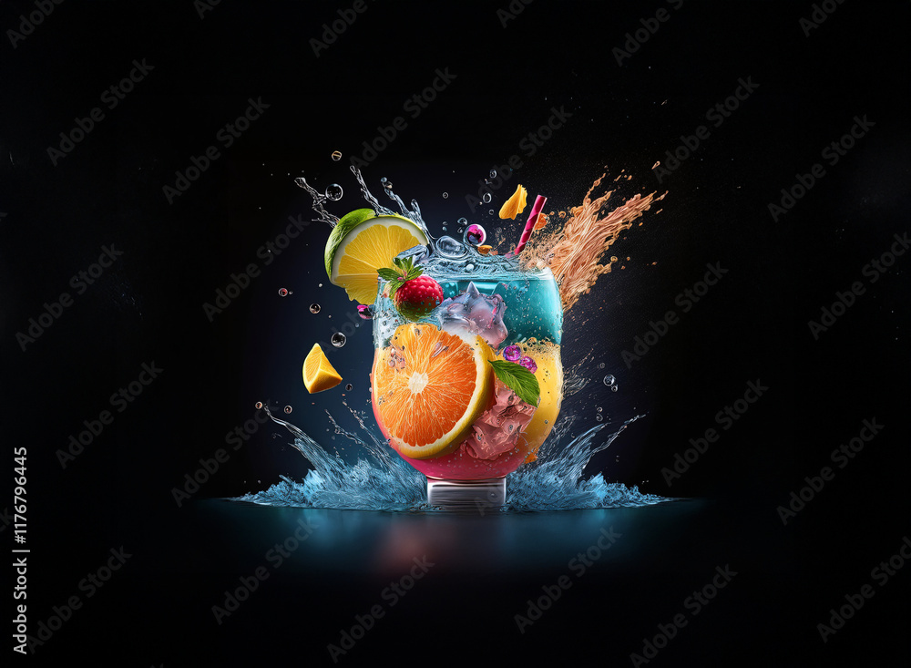 Poster a vibrant cocktail explodes with splashes of color and tropical fruit. ice cubes and juicy citrus sl