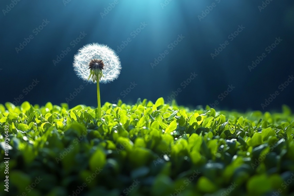 Poster a delicate dandelion seed head gently illuminated in soft beams of light, symbolizing the beauty of 