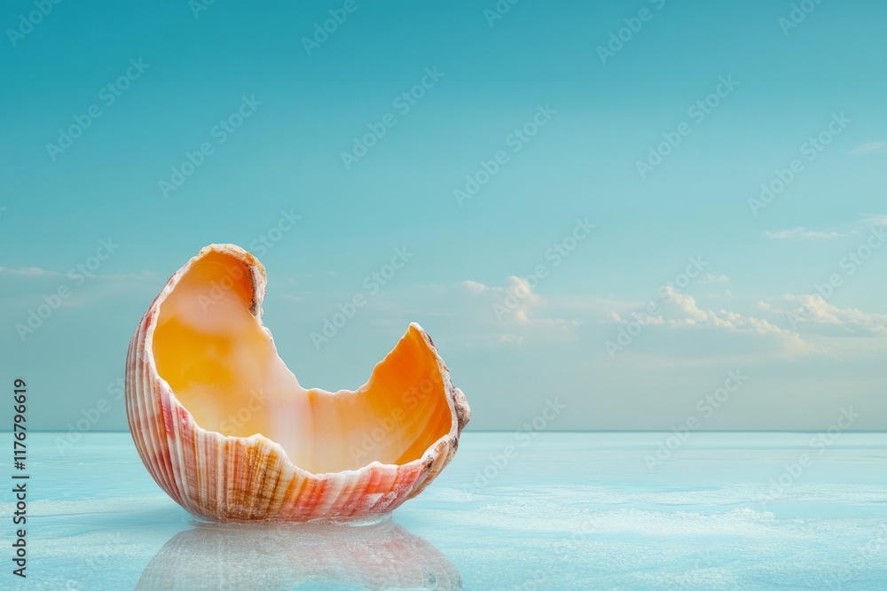 Poster shell fragment on a serene blue background with clouds.