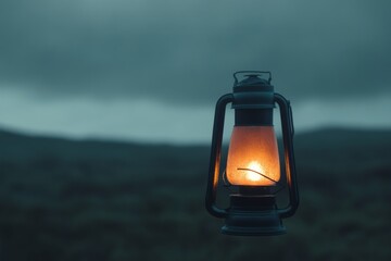 A glowing lantern against a moody, cloudy backdrop.