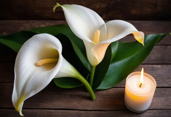 Obraz premium A white calla lily flower next to a lit candle on a wooden background