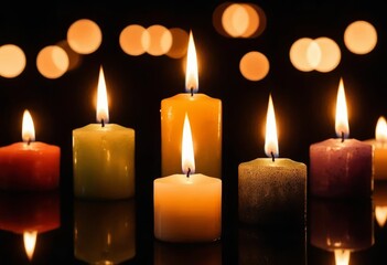 A close-up of candles burning with abstract defocused lights in the background