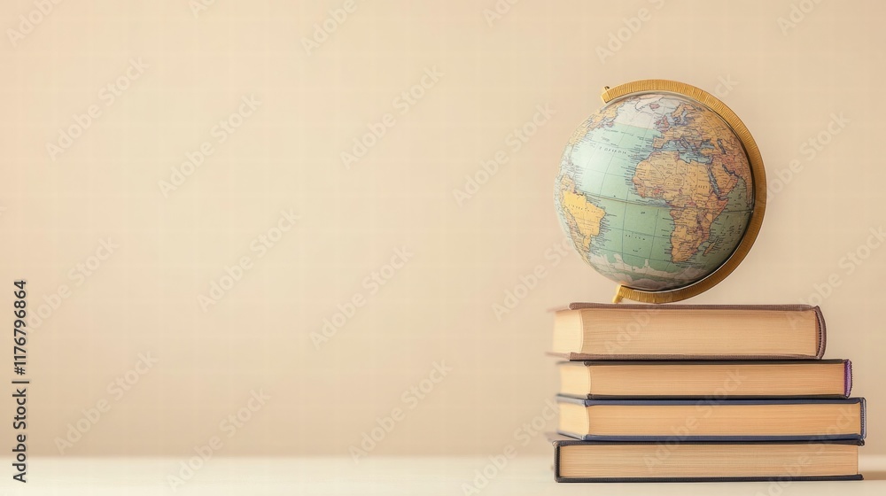 Poster classic globe rests atop a stack of travel guidebooks in a serene setting highlighting wanderlust an
