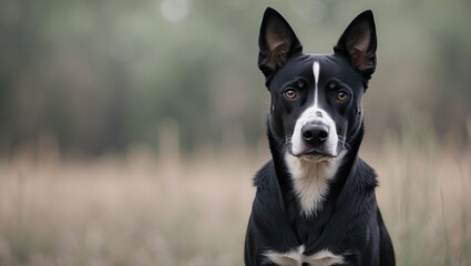 Black dog with white facial markings looking directly at the camera with blank space for text or promotional content in a natural setting